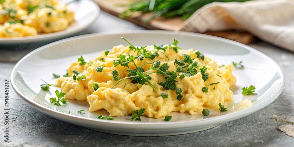 Fluffy scrambled eggs in a white plate with fresh herbs on top, breakfast, healthy, eggs, meal, delicious, protein, brunch Fluffy scrambled eggs in a white plate with fresh herbs on top, breakfast, healthy, eggs, meal, delicious, protein, brunch