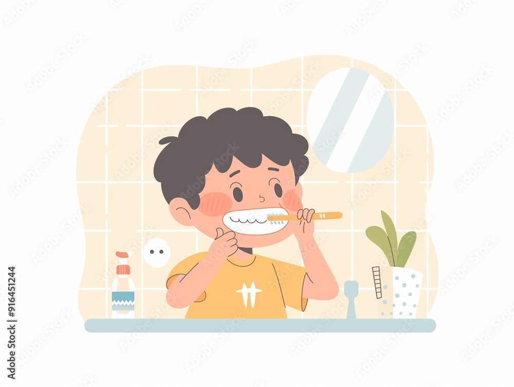 A child brushing his teeth. illustration. AI generated A child brushing his teeth. illustration. AI generated