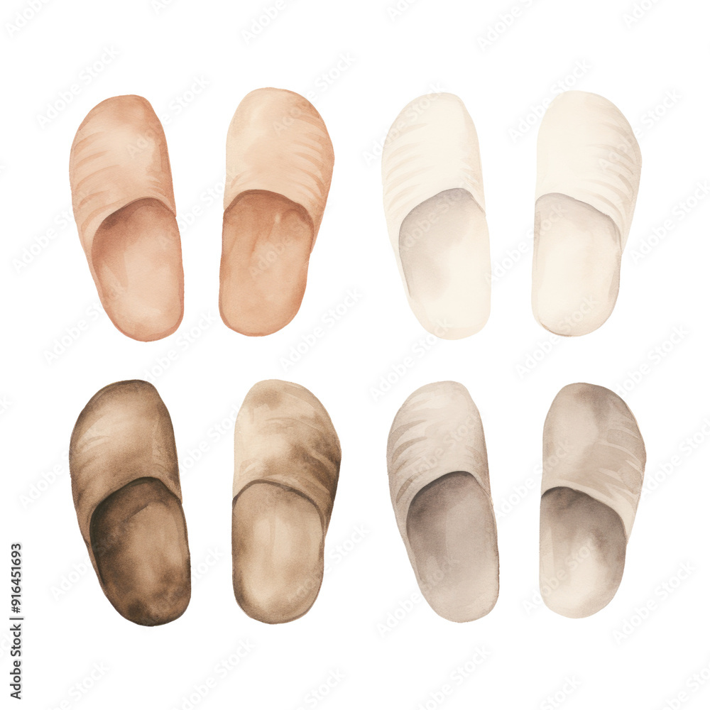 A stylish collection of watercolor slippers in neutral tones, perfect for home decor and cozy lifestyle themes in isolated on transparent or white background A stylish collection of watercolor slippers in neutral tones, perfect for home decor and cozy lifestyle themes in isolated on transparent or white background
