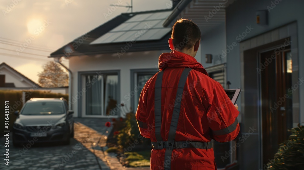 Fototapeta premium A Male worker in red work clothes He held a tablet in his hand. Check out the solar panel installation system on your home.