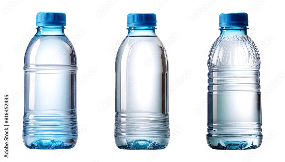 Three different plastic water bottles with blue caps, showcasing various transparent designs and suitable for various uses. Three different plastic water bottles with blue caps, showcasing various transparent designs and suitable for various uses.