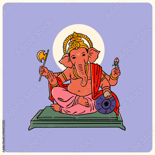 Lord Ganesha hand-drawn illustration for Ganesh Chaturthi used for social media banner, invention card, poster template design