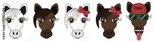 Set of cute cartoonish style Horse head can used social media avatar. White and bay horse isolated transparent background. Vector illustration. EPS 10