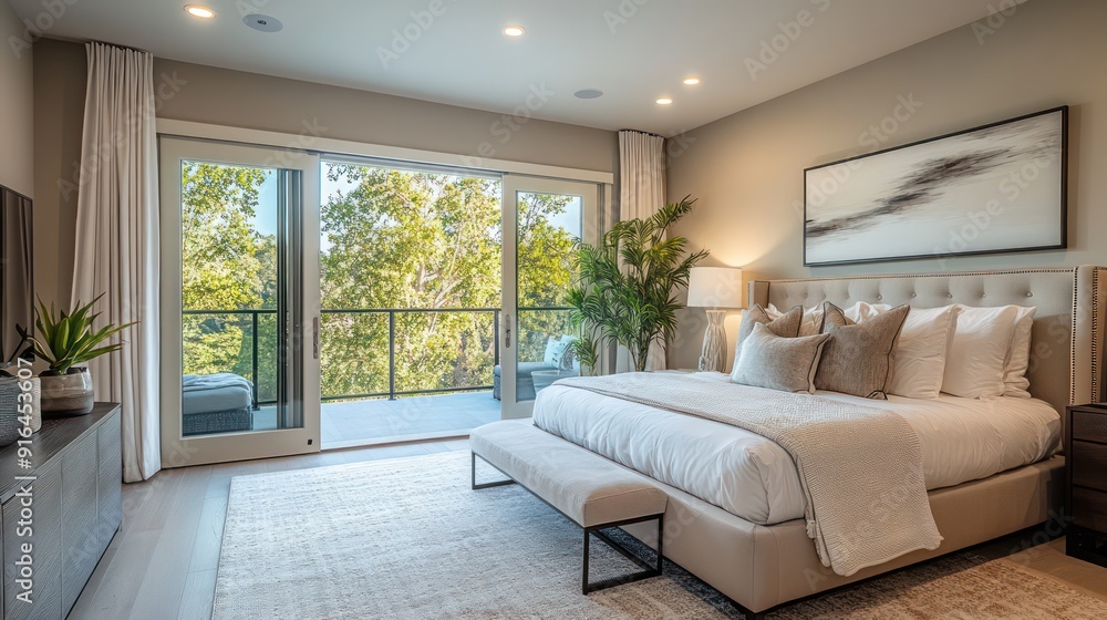 Fototapeta premium Cozy bedroom with large bed Stylish decoration and balcony with nature view