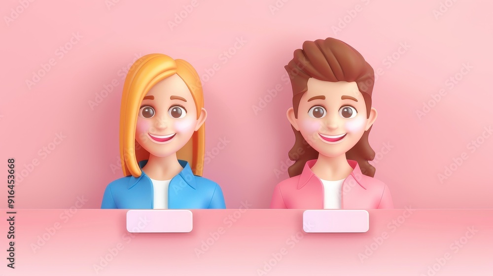 Explore a 3D ID card design showcasing men and women, perfect for identity verification in a vibrant pink backdrop. Explore a 3D ID card design showcasing men and women, perfect for identity verification in a vibrant pink backdrop.