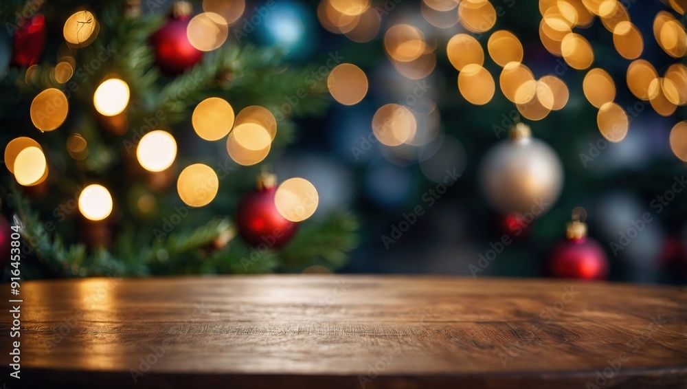 Empty table in front of christmas tree with decoration background Empty table in front of christmas tree with decoration background