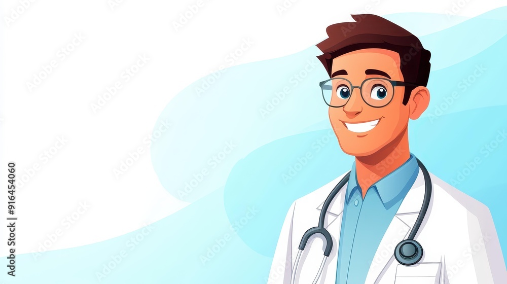 Fototapeta premium A charming cartoonstyle illustration of a doctor wearing a vibrant peacockthemed stethoscope, perfect for healththemed projects.