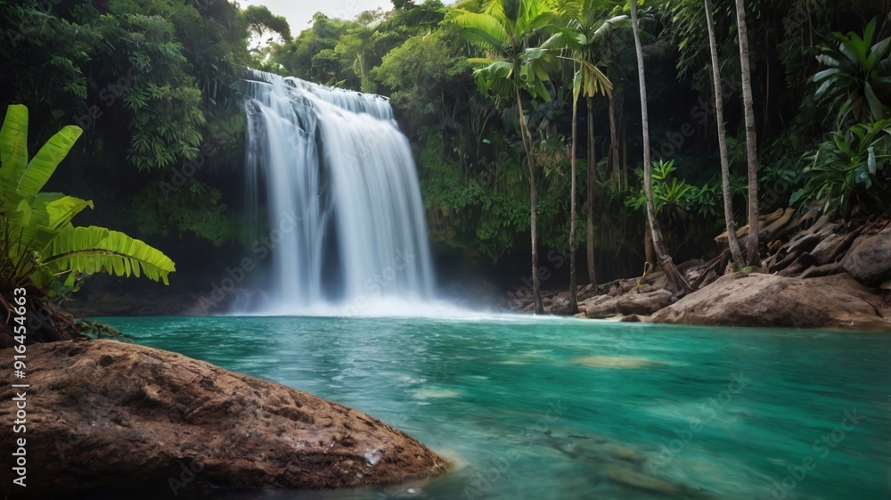 waterfall in a tropical island with tropical forest surrounding waterfall in a tropical island with tropical forest surrounding