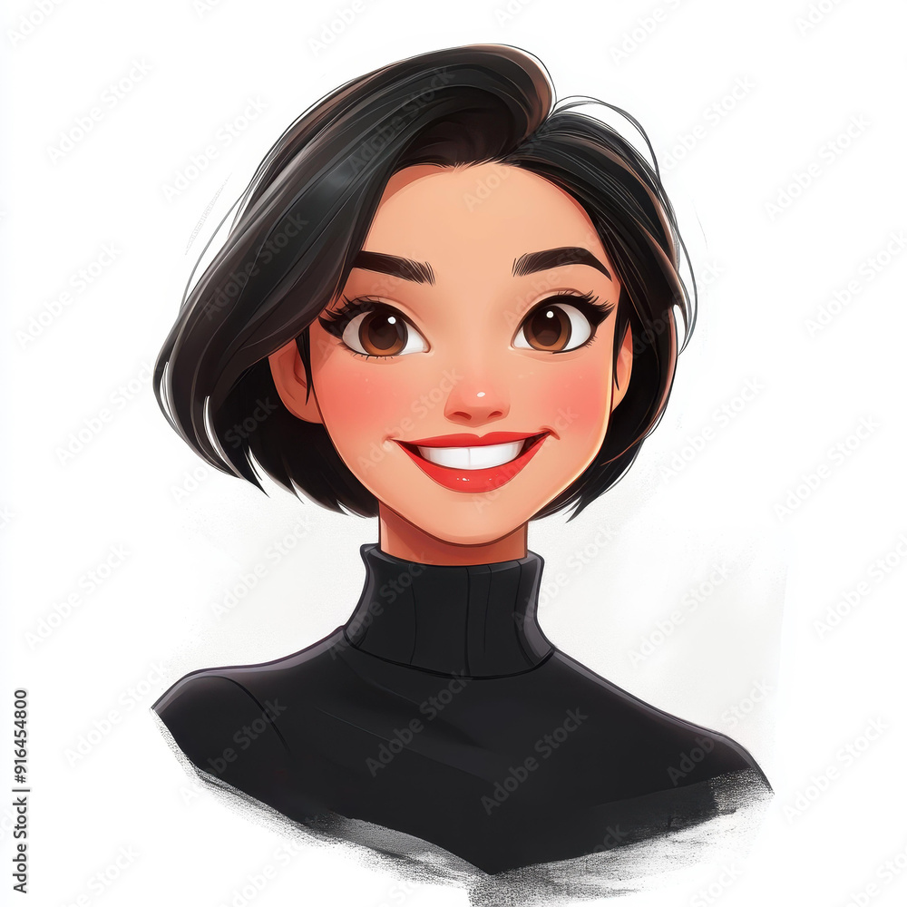 A joyful woman in a chic black turtleneck, showcasing her unique FrenchVietnamese beauty and short dark hair.
