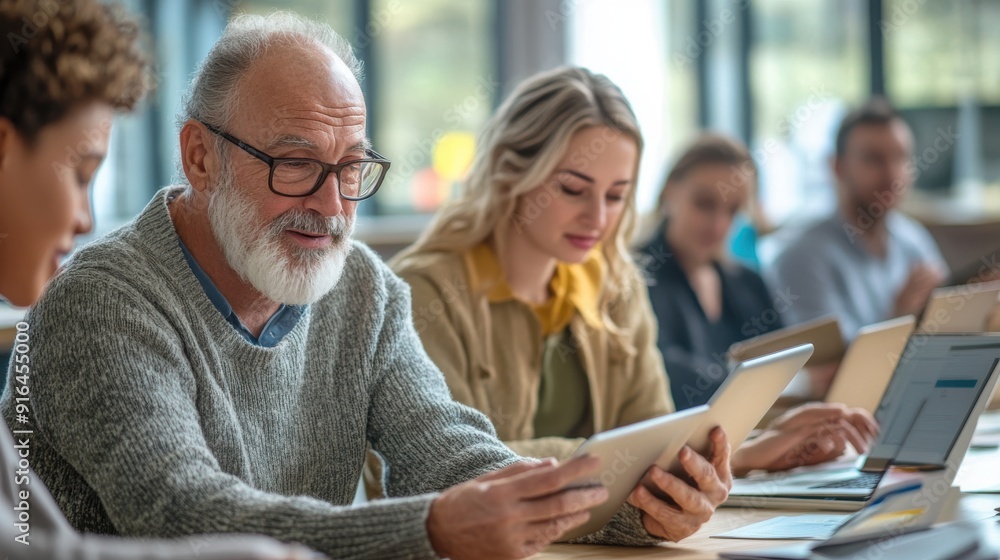 A serene scene of an adult learning class where middle-aged and senior participants are intently focused on their tablets and laptops, guided by an instructor who is patiently explaining a concept, A serene scene of an adult learning class where middle-aged and senior participants are intently focused on their tablets and laptops, guided by an instructor who is patiently explaining a concept,