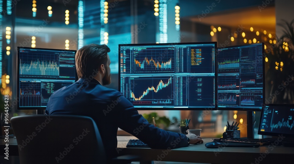 A diverse group of traders analyze financial charts on multiple screens in a modern office. A diverse group of traders analyze financial charts on multiple screens in a modern office.