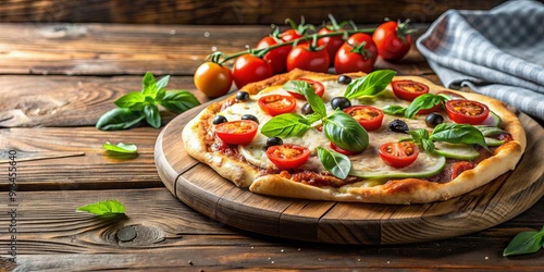 Flatbread pizza served on a rustic wooden table, flatbread, pizza, Italian, delicious, gourmet, meal, food, crust, toppings