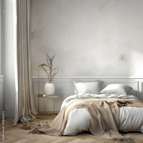 Aesthetic elegant minimalist bedroom interior design. Clear mock up empty wall for decoration in the apartment. Copy space in the room. Neutral palette of natural colors.