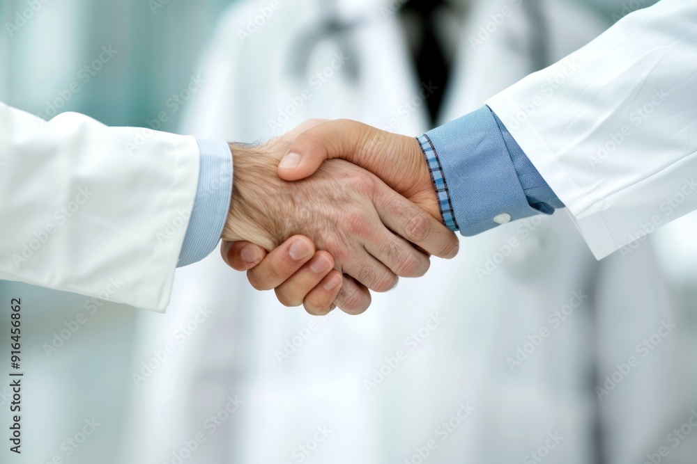Close-up of two doctors shaking hands, wearing white lab coats and dress shirts, symbolizing collaboration and partnership in a medical setting. Close-up of two doctors shaking hands, wearing white lab coats and dress shirts, symbolizing collaboration and partnership in a medical setting.