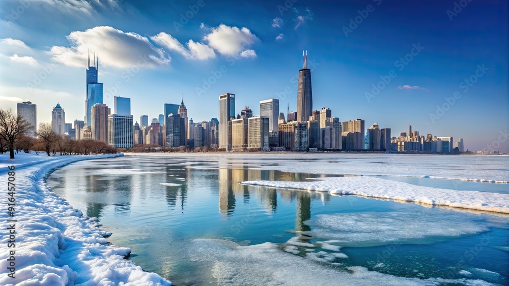 Naklejka premium Snow-covered Chicago skyline with icy Lake Michigan in winter , Chicago, cityscape, winter, snow, skyline, urban