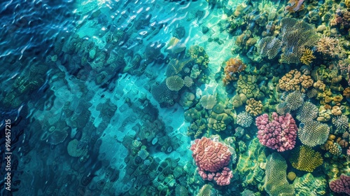 Fototapeta Naklejka Na Ścianę i Meble -  An aerial photograph of a coral reef, with vibrant marine life visible beneath the clear blue waters. The intricate patterns and colors of the reef create a mesmerizing underwater paradise.