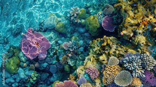 Fototapeta Naklejka Na Ścianę i Meble -  An aerial photograph of a coral reef, with vibrant marine life visible beneath the clear blue waters. The intricate patterns and colors of the reef create a mesmerizing underwater paradise.