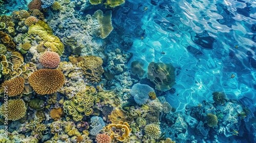 Fototapeta Naklejka Na Ścianę i Meble -  An aerial photograph of a coral reef, with vibrant marine life visible beneath the clear blue waters. The intricate patterns and colors of the reef create a mesmerizing underwater paradise.