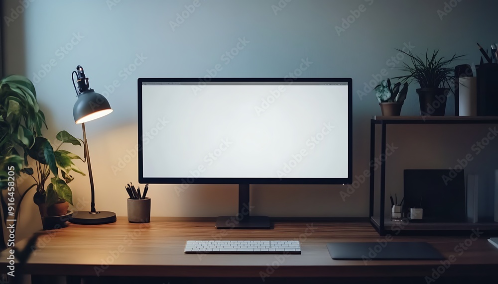 Fototapeta premium Minimalist Home Office Desk Setup with Empty Computer Screen