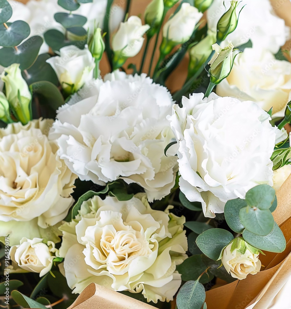 Bouquet of white roses, carnations and green eucalyptus wrapped in brown kraft paper isolated on a white background. Close-up view Bouquet of white roses, carnations and green eucalyptus wrapped in brown kraft paper isolated on a white background. Close-up view