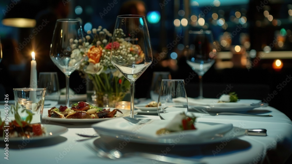 An elegantly set dining table in a fine restaurant, featuring a multi-course meal with wine pairings, beautifully presented by attentive waitstaff. An elegantly set dining table in a fine restaurant, featuring a multi-course meal with wine pairings, beautifully presented by attentive waitstaff.