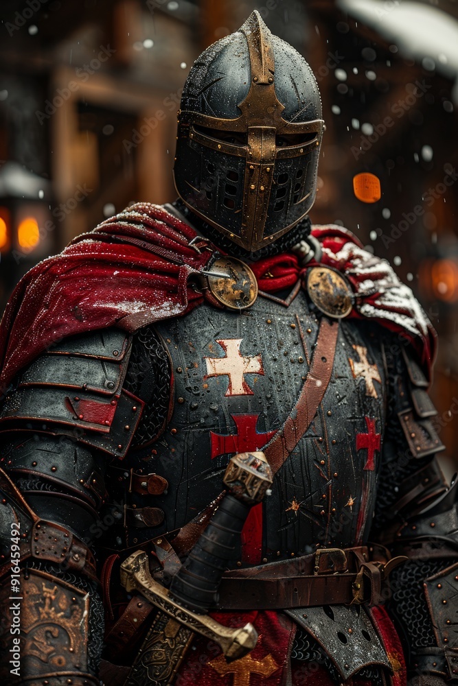 Armored medieval knight ready for battle in front of majestic and imposing castle