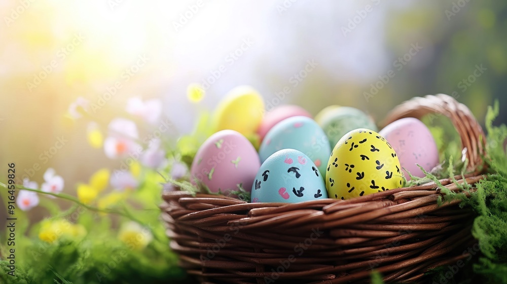 colorful easter eggs in basket . With copy space colorful easter eggs in basket . With copy space