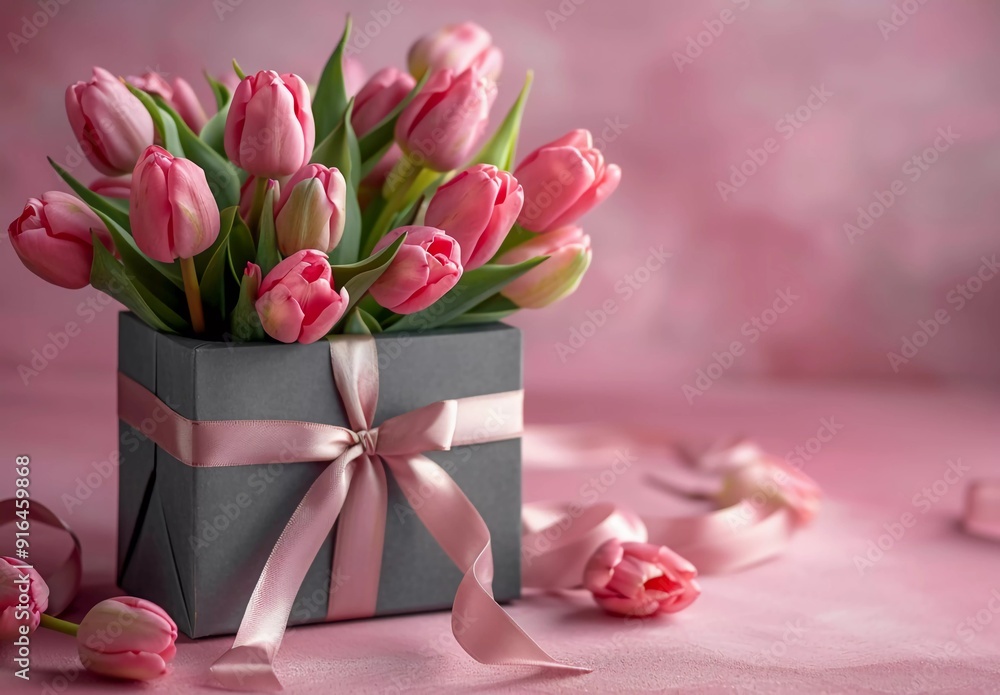 Tulips in gray gift box isolated on pastel background, spring flowers bouquet with ribbon flying out of the hatbox, Tulips in gray gift box isolated on pastel background, spring flowers bouquet with ribbon flying out of the hatbox,