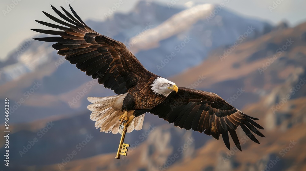 Obraz premium A majestic eagle soaring above a mountain range, clutching a golden key in its talons, representing leadership and the key to wealth, Mythology-inspired, vibrant, high-detail