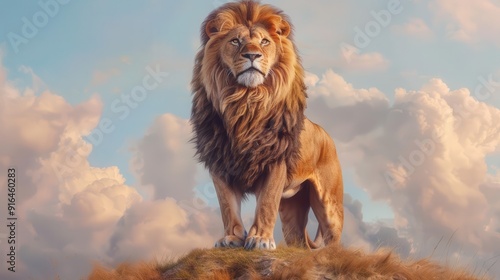 A majestic lion standing atop a hill, overlooking a vast kingdom symbolizing leadership, power, and dominance, Mythology-inspired, detailed illustration, golden hues