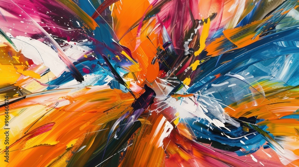 An explosion of vibrant colors and dynamic shapes creates an energetic and lively composition. An explosion of vibrant colors and dynamic shapes creates an energetic and lively composition.