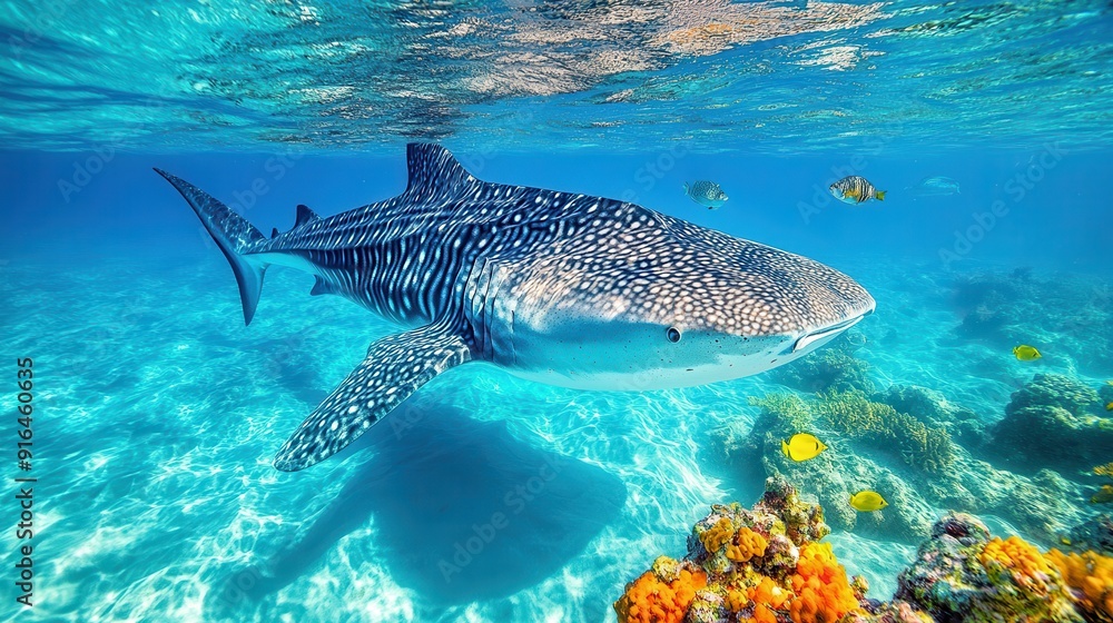 Fototapeta premium Majestic Whale Shark Swimming Gracefully Over Vibrant Coral Reef in Crystal Clear Ocean Waters on a Sunny Day