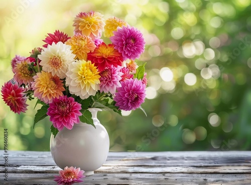 Wallpaper Mural Colorful dahlia and chrysanthemum flower bouquet in a white ceramic vase on a wooden table against a blurred green nature background Torontodigital.ca