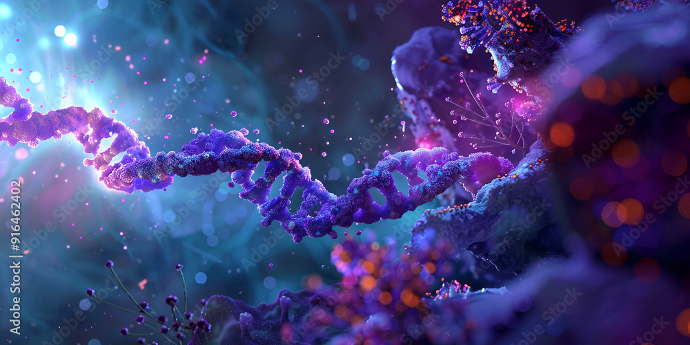 Microscopic view of DNA double helix structure, DNA translation preparation, inside cell nucleus Blue and purple rainbow of DNA , genome transcription Microscopic view of DNA double helix structure, DNA translation preparation, inside cell nucleus Blue and purple rainbow of DNA , genome transcription