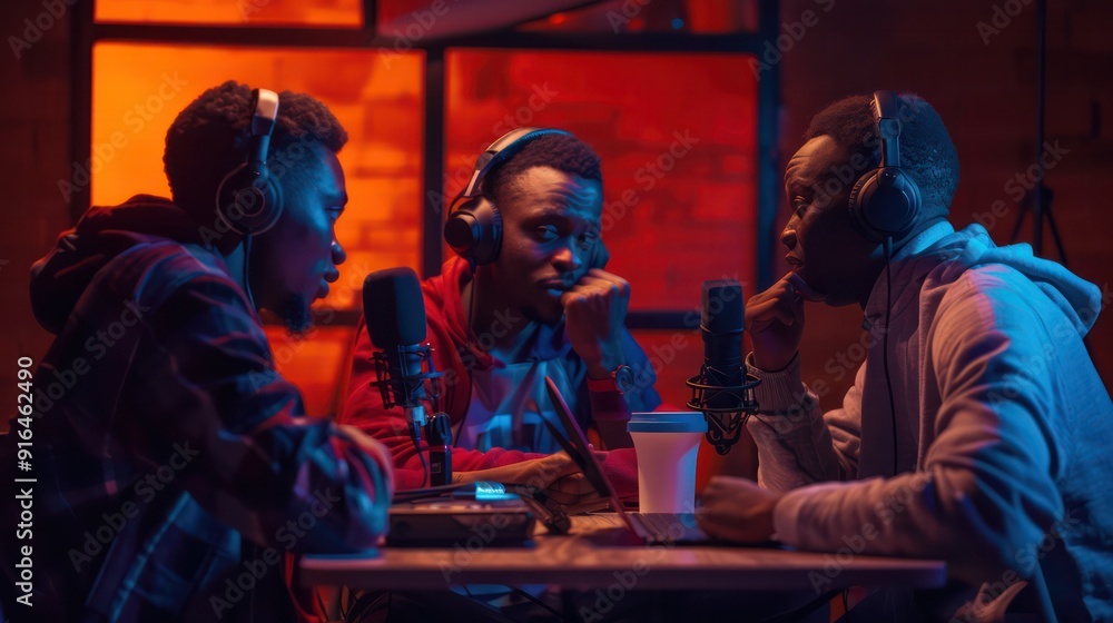 Group of three African people sitting around a table with microphones and headphones for podcasting. warm studio background Group of three African people sitting around a table with microphones and headphones for podcasting. warm studio background