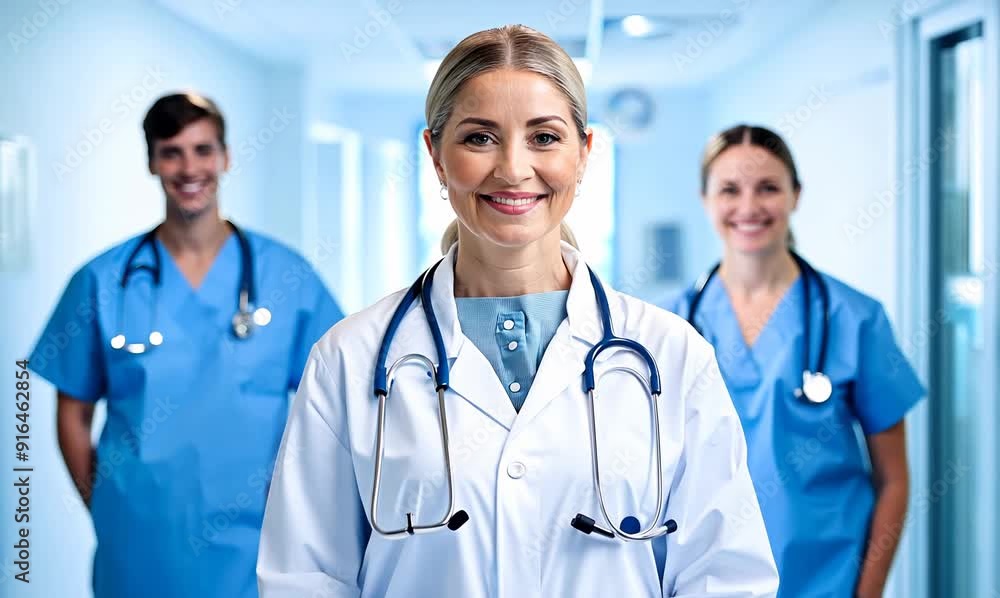 Portrait of smiling female doctor in front of her team in hospital Portrait of smiling female doctor in front of her team in hospital
