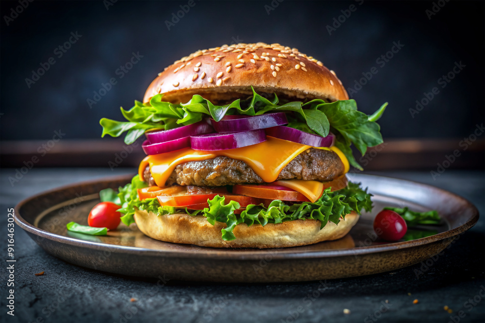 Big sandwich hamburger burger with beef tomato cheese and pickled cucumber Big sandwich hamburger burger with beef tomato cheese and pickled cucumber