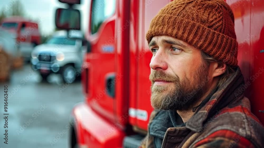 A truck driver is waiting for warehouse employees while leaning against a red truck and sipping coffee. A truck driver is waiting for warehouse employees while leaning against a red truck and sipping coffee.