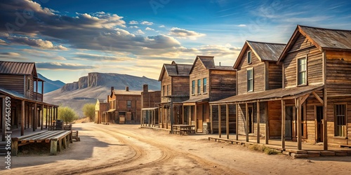 of an old Wild West town with wooden buildings, wild west, town, western, empty street, wooden buildings, old, deserted