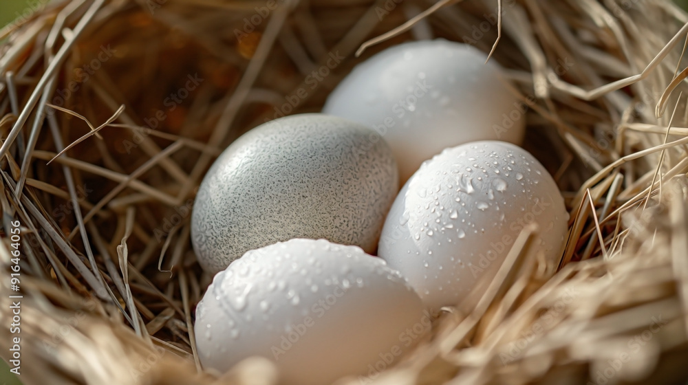 white chicken eggs nestled in a cozy, straw-filled nest. white chicken eggs nestled in a cozy, straw-filled nest.