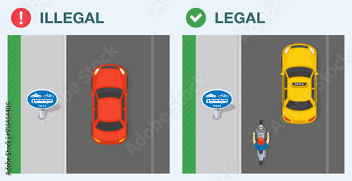Safe driving tips and traffic regulation rules. Legal and illegal driving. Top view of a traffic flow on a route for buses, pedal cycles, solo motorcycles and taxis. Flat vector illustration template.