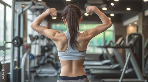  a young woman flexing her arms and back muscles, standing in a gym interior.