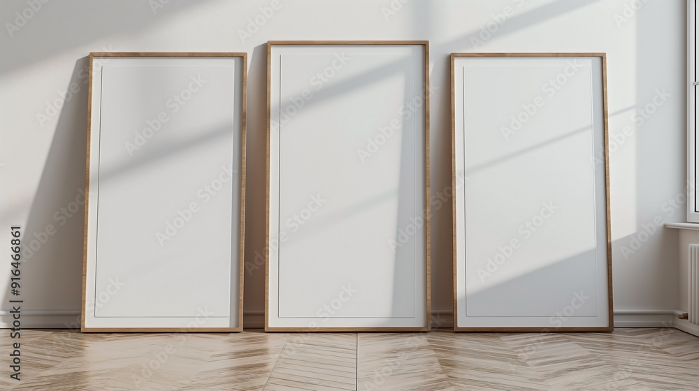three vertical white blank wooden framed wall art mockups leaning against the wall in an empty modern room. three vertical white blank wooden framed wall art mockups leaning against the wall in an empty modern room.