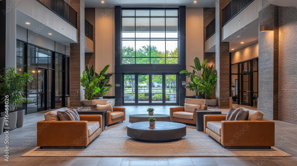 Lobby in a luxury apartment building with a large entrance living area and modern decoration.