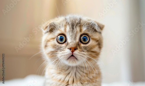 A small kitten with blue eyes looking up at the camera. AI. photo