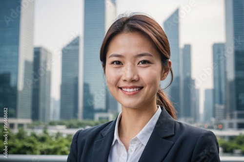 portrait Smiling young asian businesswoman against skyscrapers blurred background Free Download portrait Smiling young asian businesswoman against skyscrapers blurred background - GFXLoad