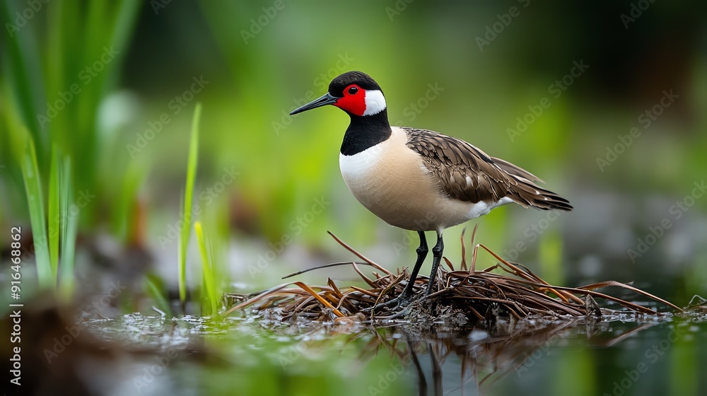 Red-wattled Lapwing standing on a nest in a wetland. Red-wattled Lapwing standing on a nest in a wetland.