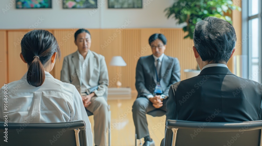 Fototapeta premium Job applicants are being interviewed by the executive committee in a conference room.