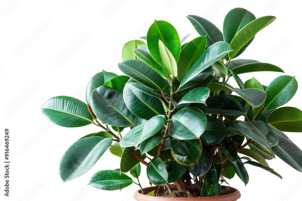 Green Leaves of Rubber Plant on White Background.