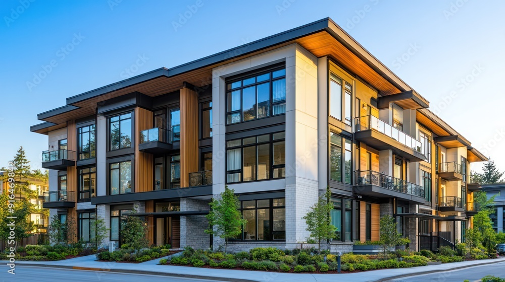 Fototapeta premium Modern apartment building exterior with balconies and contemporary design elements